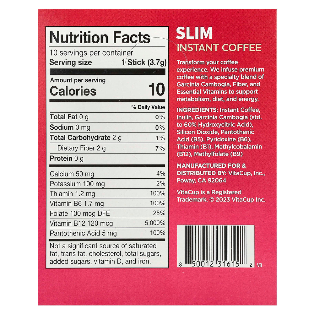 VitaCup, Растворимый кофе Slim, средней обжарки, 10 стиков на одну порцию, 3,7 г (0,13 унции)