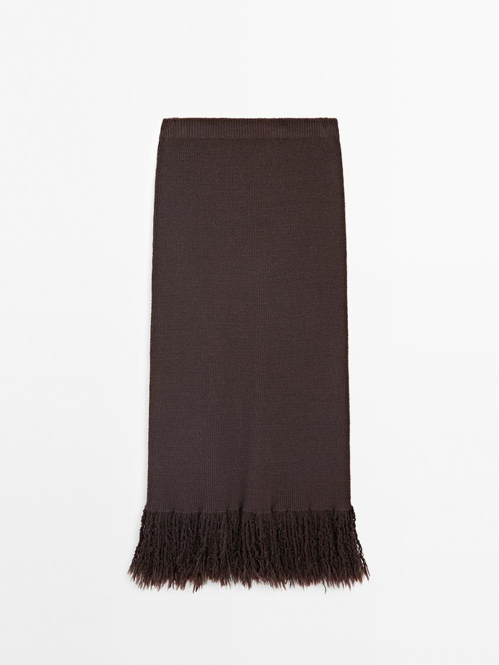 Massimo Dutti Длинная трикотажная юбка с бахромой по низу, шоколадный