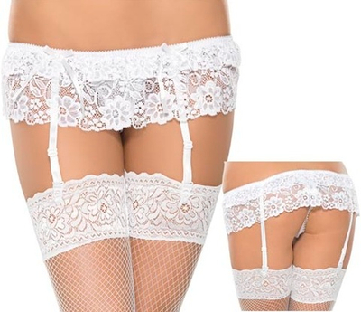 Кружевной пояс для чулок с цветочным орнаментом и трусиками-стринг в комплекте (Размер: S-M) (Цвет: белый)