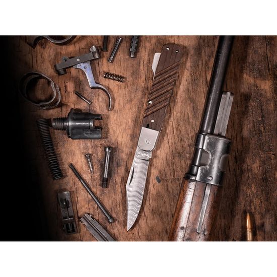 Складной нож Boker 110715DAM 98k-Damascus c клинком из стали Damasteel, рукоять дерево (Орех)