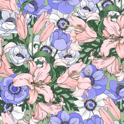 розовые лилии и синие анемоны