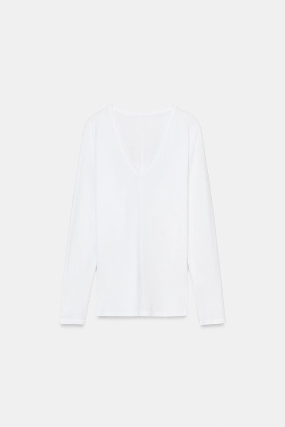 ZARA ХЛОПКОВАЯ ФУТБОЛКА С V-ОБРАЗНЫМ ВЫРЕЗОМ, БЕЛЫЙ