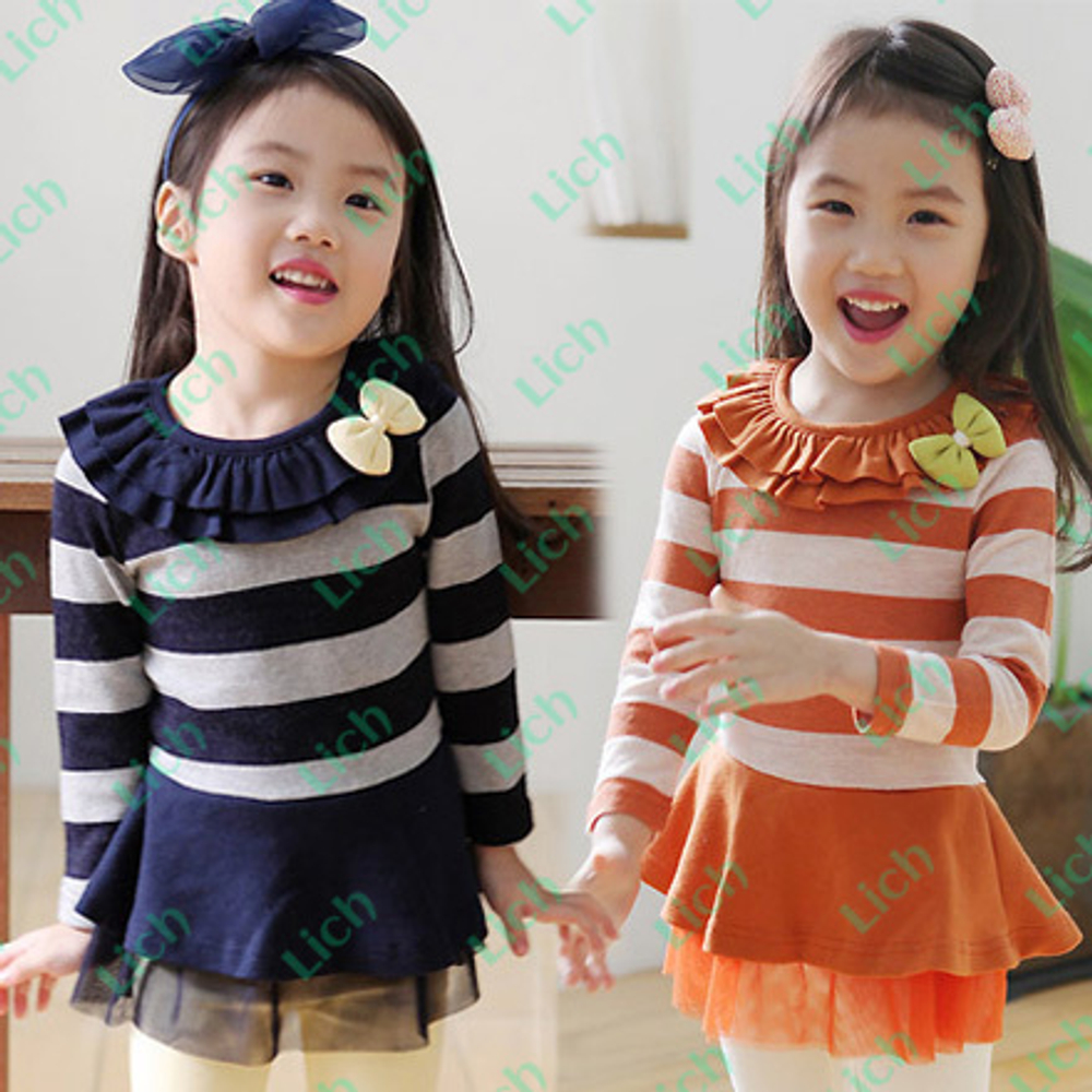 Туника детская в полоску с воланом и бантиком на воротнике