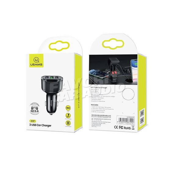 АЗУ 3USB Usams US-CC100 6000mA пластик QC3.0 чёрный