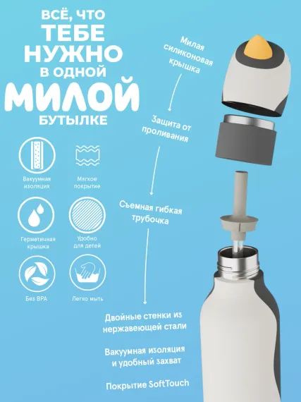 Бутылка для холодных и горячих напитков Asobu Bestie 460 мл, пингвин