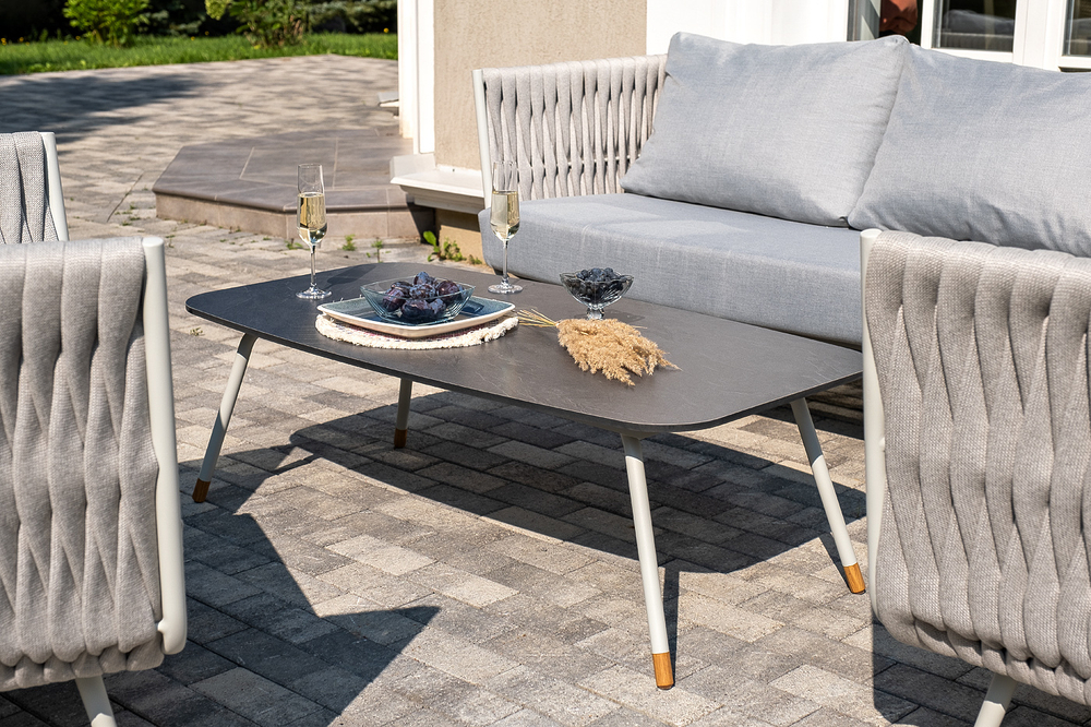 "Монако" лаунж-зона 4-местная из роупа со столом "Верона" (серый гранит), каркас светло-серый, роуп светло-серый