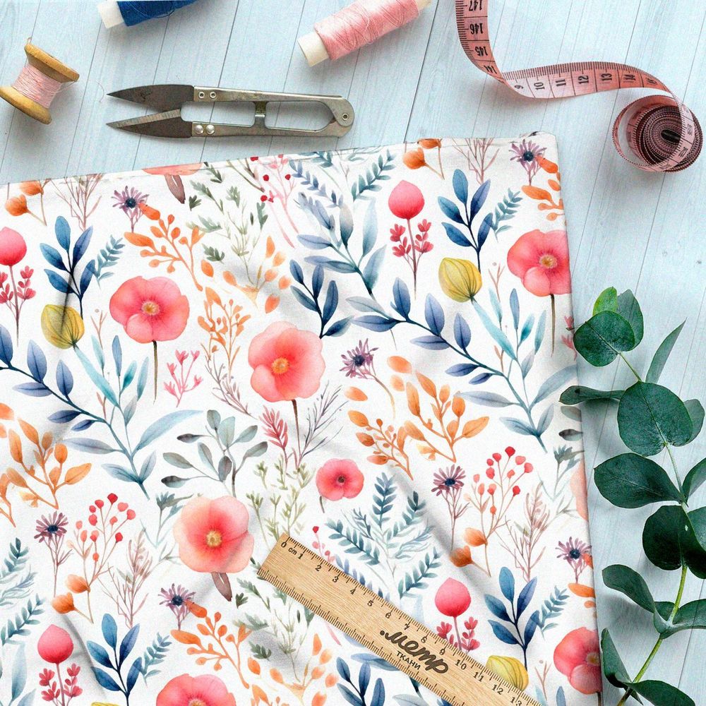 Ткань премиум дюспо полевые цветы с синими веточками