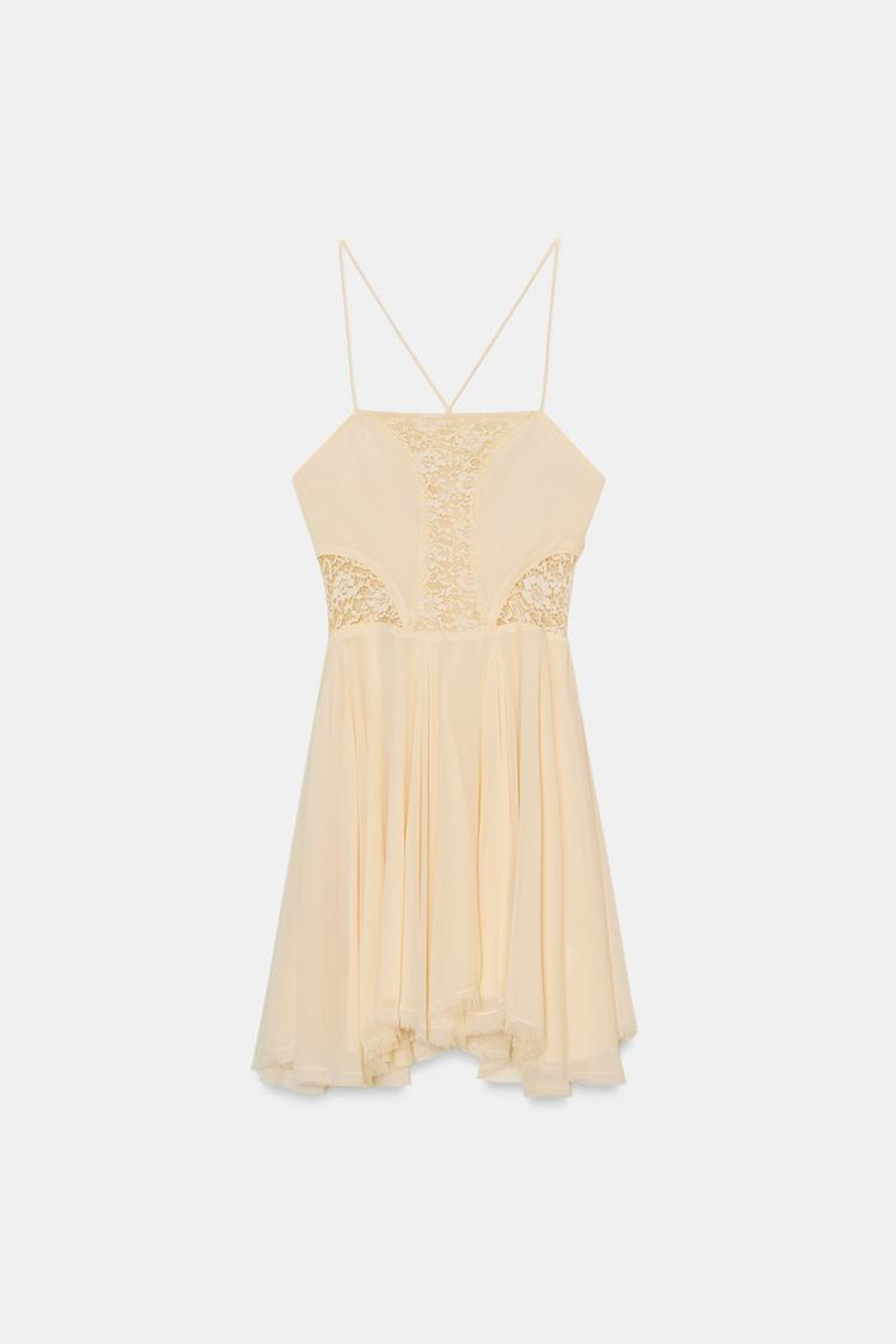 ZARA КОРОТКОЕ ПЛАТЬЕ ГОДЕ С КРУЖЕВОМ, ЭКРЮ