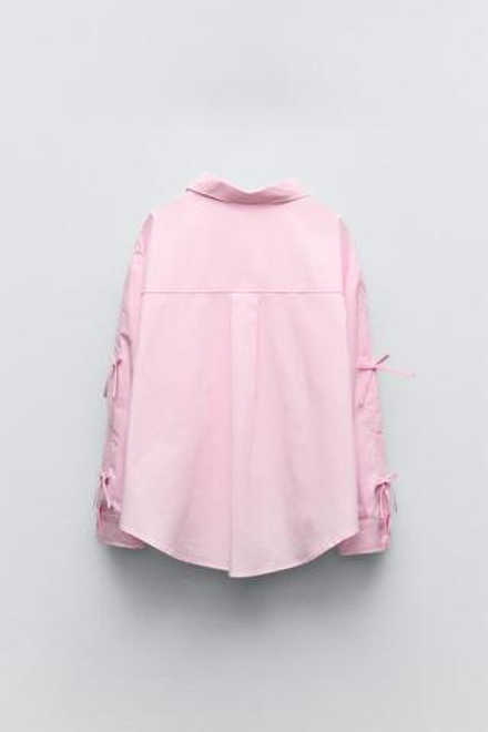 ZARA РУБАШКА ИЗ ПОПЛИНА С БАНТАМИ, РОЗОВЫЙ