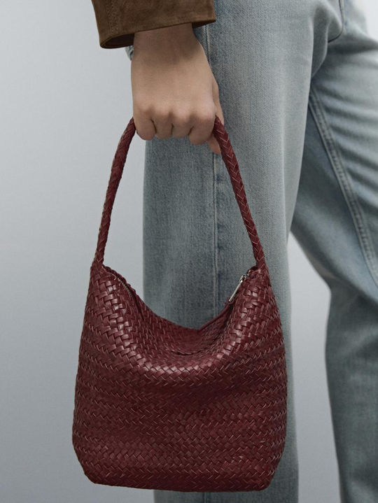 Massimo Dutti Сумка-мешок из кожи наппа с плетеным узором, бордо
