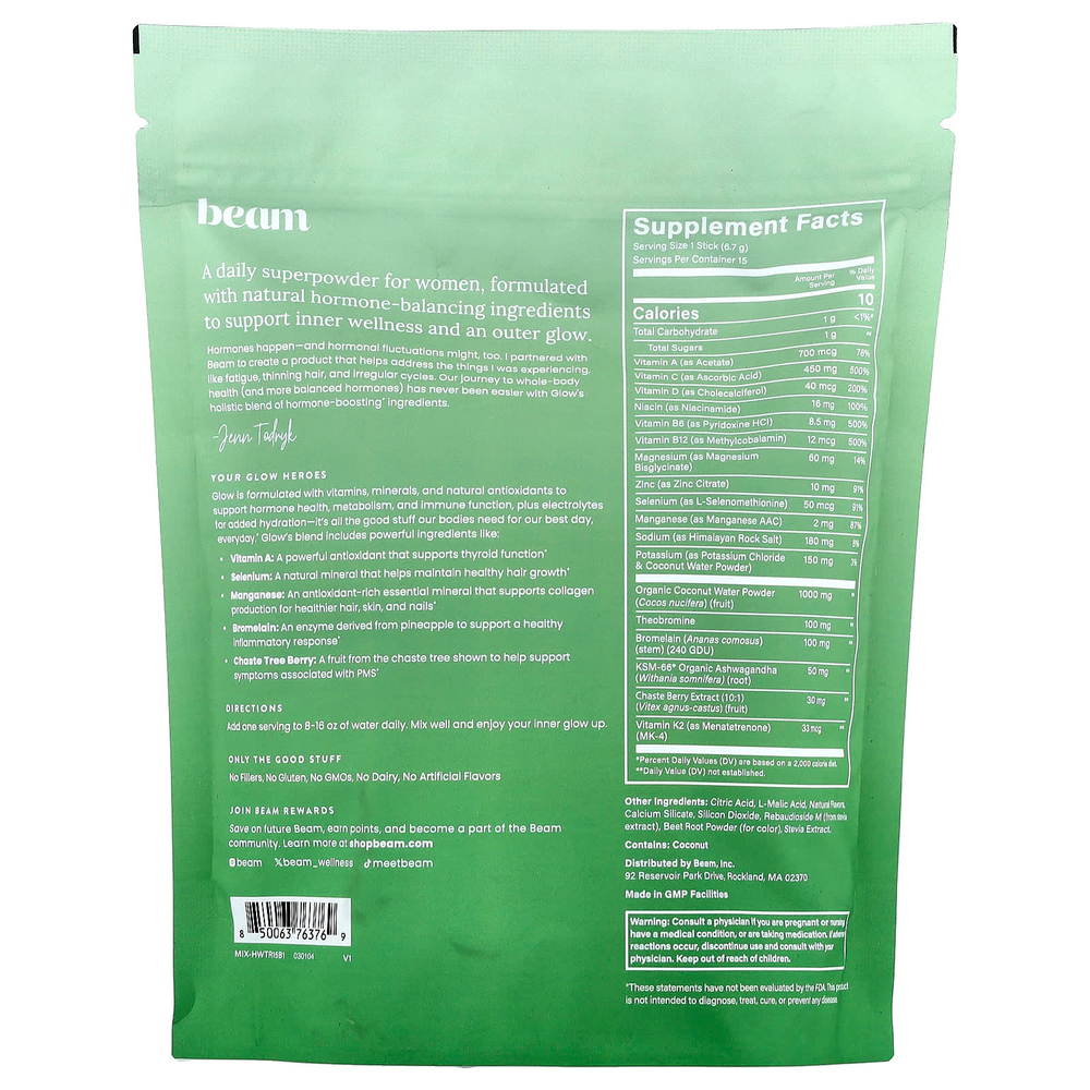Beam, Glow, арбуз, 15 порционных палочек, 6,7 г (0,24 унции) каждая