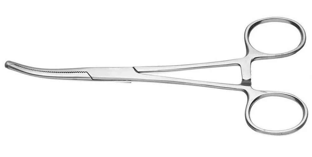 Зажим Kocher кровоостанавливающий, 1х2 зубый, зубчатый, изогнутый, № 1, 150 мм