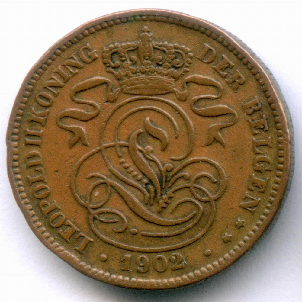 2 сантима 1902 год. Бельгия (Леопольд II). Надпись на голландском - DER BELGEN. Медь, диаметр 21.5 мм. VF-XF
