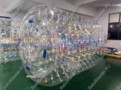 Гидророллер аттракцион «Прозрачный» с жёлто-синими держателями, ПВХ, трёхместный, 2,6×2,2×2,2 м