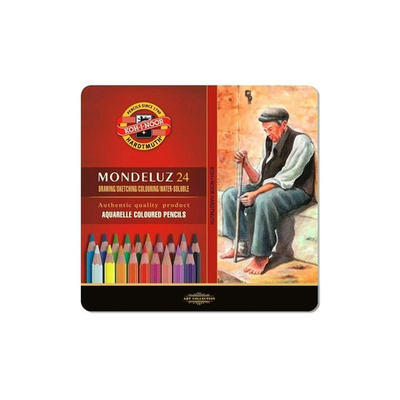Карандаши цветные акварельные художественные KOH-I-NOOR "Mondeluz", 24 цвета, 3,8 мм, заточенные, металлическая коробка, 3724024001PL