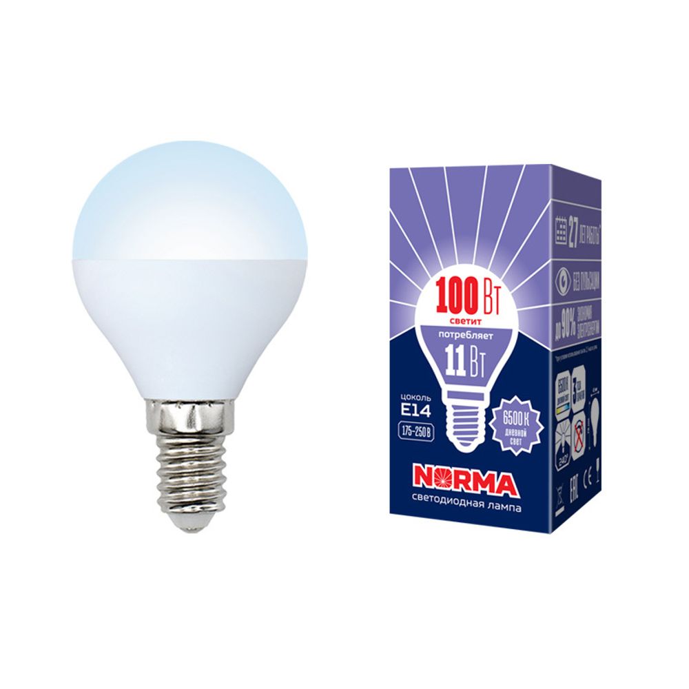 LED-G45-11W/DW/E14/FR/NR Лампа светодиодная. Форма шар, матовая. Серия Norma. Дневной белый свет (6500K). Картон. ТМ Volpe