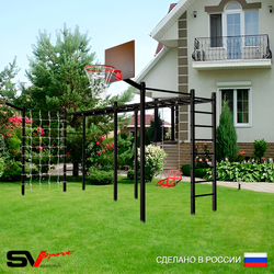 Уличная шведская стенка Sv Sport рукоход х 2 с комплектом турник прямой 2шт У50477К (Со спинкой/Щит баскет/Кронш бокс/Сетка)