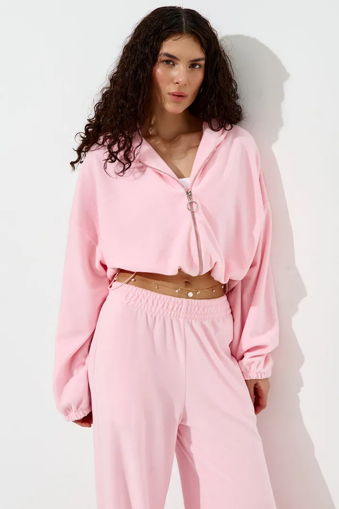 Худи на молнии из велюровой ткани розового цвета