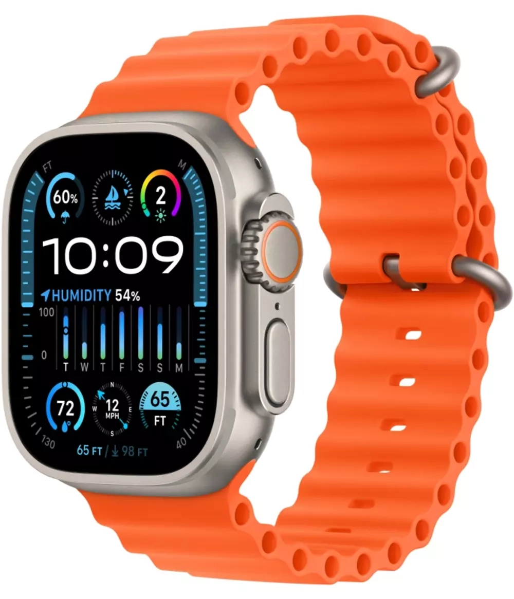Apple Watch Ultra 2, 49 мм, корпус из титана, ремешок Ocean оранжевого цвета