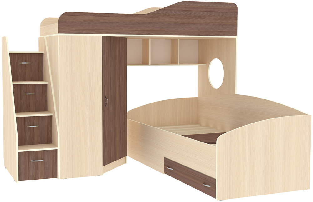 Двухъярусная кровать КарИВи  Кадет 2 с универсальной лестницей  Дуб Молочный Бодего Темный