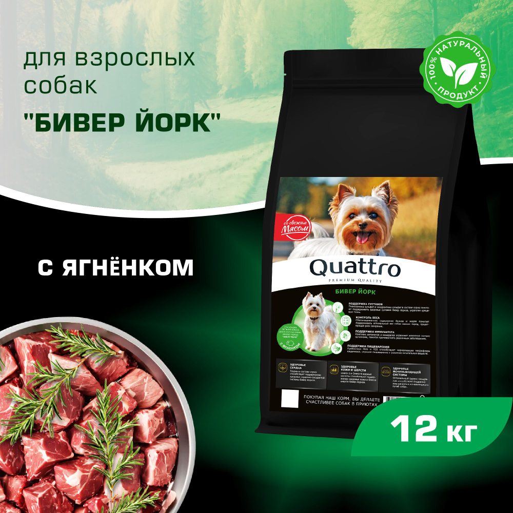 Корм сухой для взрослых собак породы Бивер Йорк, с ягненком, 12 кг, QUATTRO