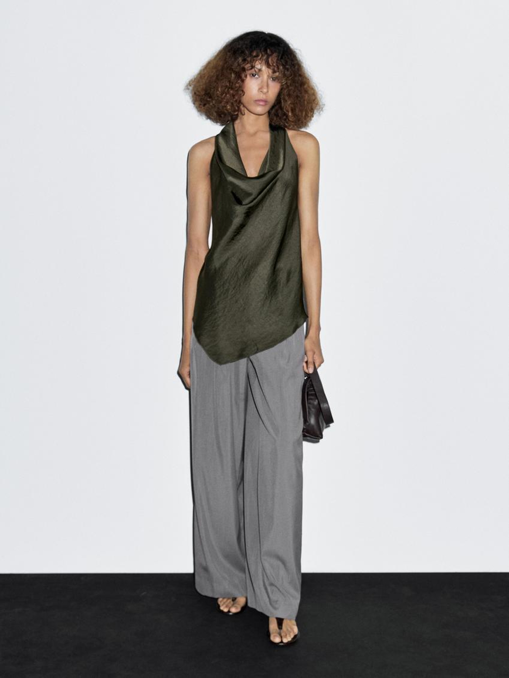 Massimo Dutti Топ с драпировкой и горловиной халтер, зеленый