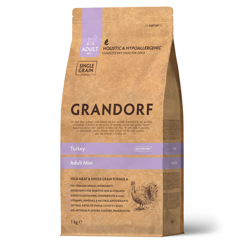 GRANDORF Dog Mini Сухой корм для собак мини пород индейка с бурым рисом 1 кг