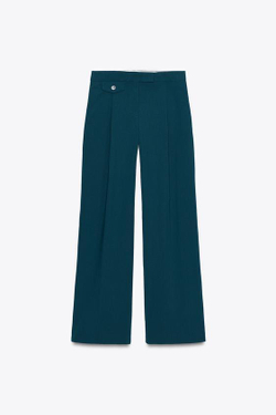 ZARA ШИРОКИЕ БРЮКИ С ЗАЩИПАМИ, СИНЕ-ЗЕЛЕНЫЙ