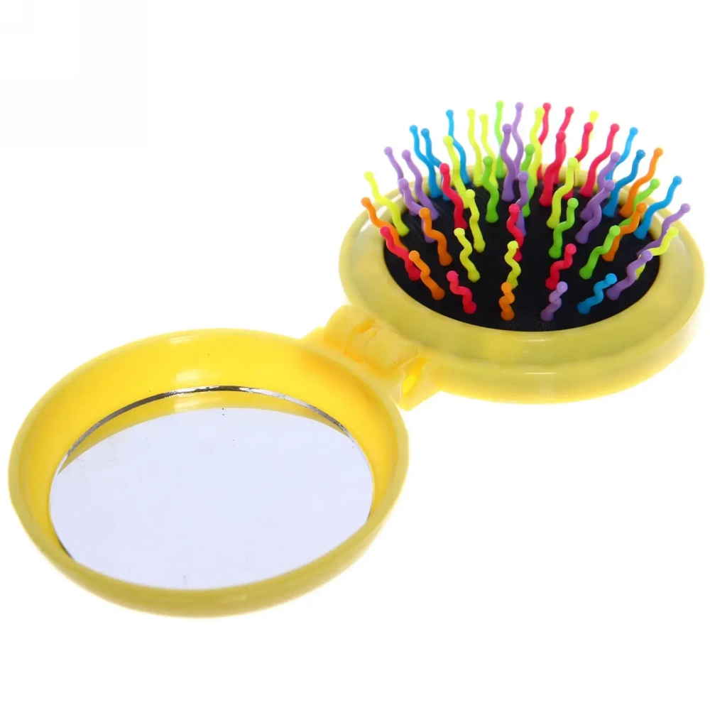 Расческа массажная складная с зеркалом, круглая, разноцветные зубья, d-6,5см.