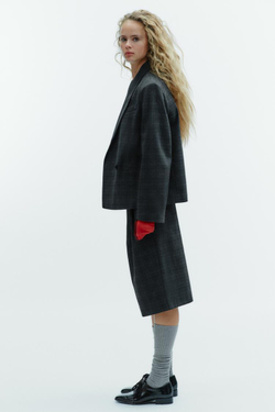 ZARA УКОРОЧЕННЫЙ БЛЕЙЗЕР ОВЕРСАЙЗ В КЛЕТКУ, СЕРЫЙ МЕЛАНЖ