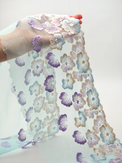 Вышивка на сетке ментоловая с мультиколор (правая и левая сторона) ОТРЕЗЫ