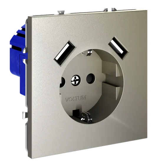 Розетка встраиваемая VOLTUM S70 с заземлением и защитными шторками, 16А, с USB, A+A, (шелк) vls040404