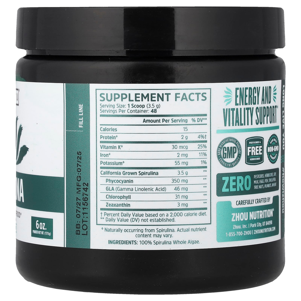 Zhou Nutrition, Спирулина, суперфуд для долголетия, 170 г (6 унций)