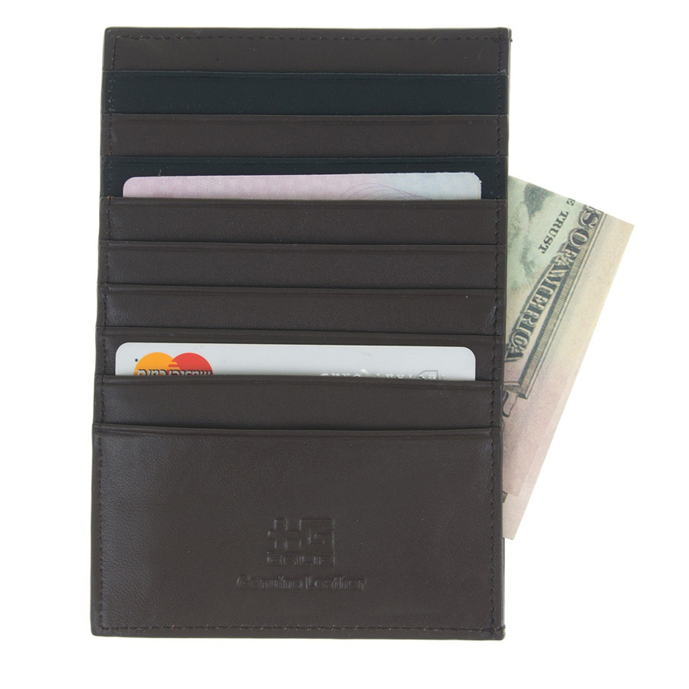 Тонкий кожаный коричневый кошелёк кредитница с отделениями для 9 карт купюр и мелочи из натуральной кожи GALIB R-179
