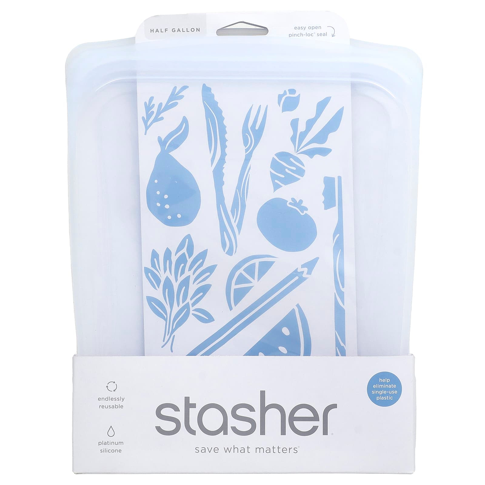 Stasher, многоразовый силиконовый пакет для пищевых продуктов, 0,5 галлона, прозрачный, 1,89 л (64 жидк. унции)