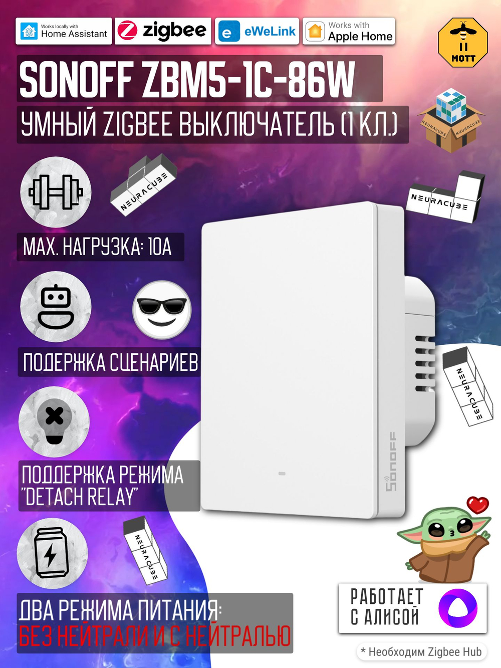 Умный Zigbee выключатель Sonoff ZBM5-1C-86W