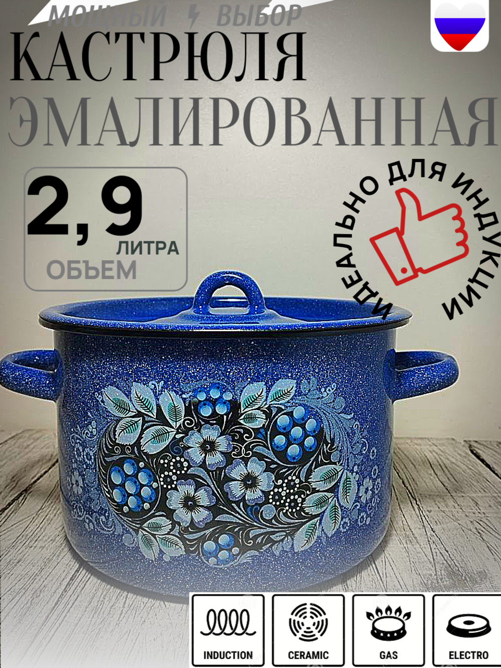 Кастрюля 2,9л с рисунком Голубика синяя с зерном 1с16с