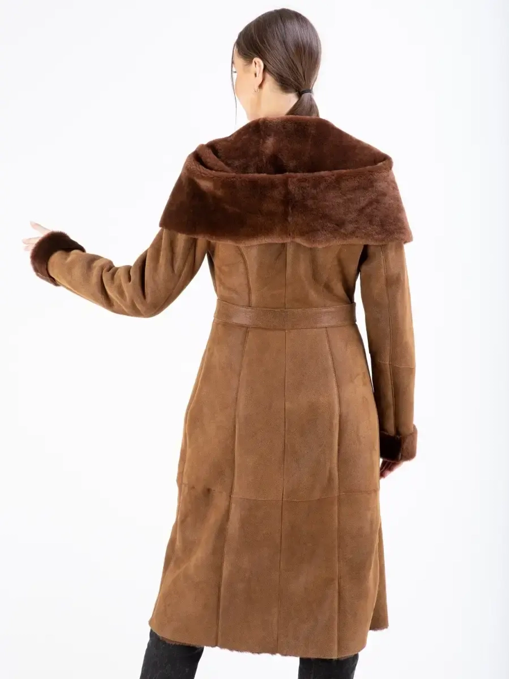 Дубленка женская натуральная длинная с капюшоном Турция