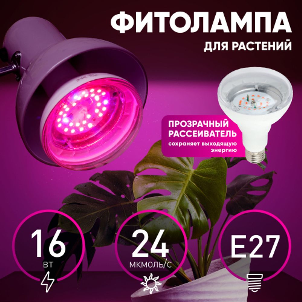 Фитолампа для растений светодиодная ЭРА FITO-16W-RB-E27-K красно-синего спектра 16 Вт Е27