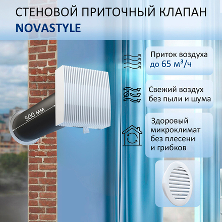 Вентиляционный приточный клапан NovaSTYLE КИВ-125 с квадратным оголовком, с вентканалом 0,5 м, решеткой из ABS, белой
