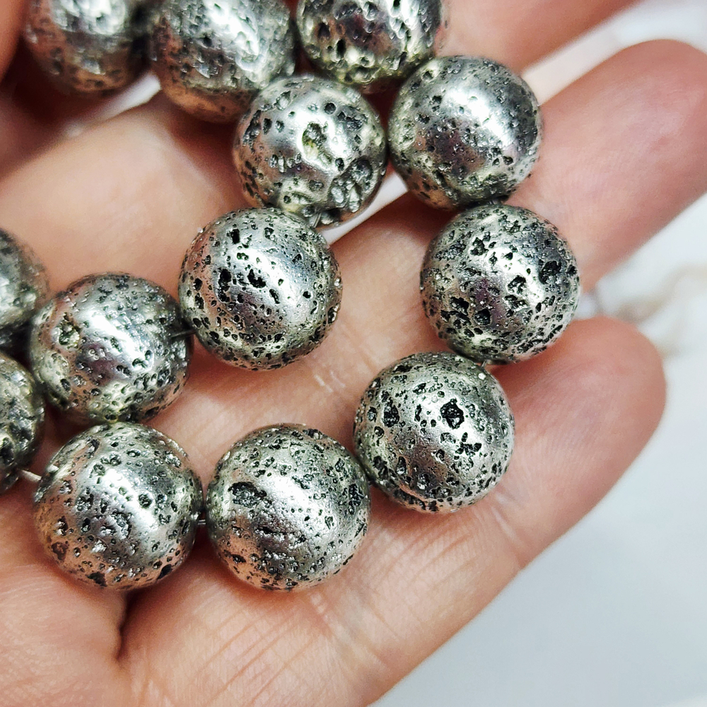 Лава натуральная, бусины метализированные, цвет светлое серебро, луна, 12мм, штучно