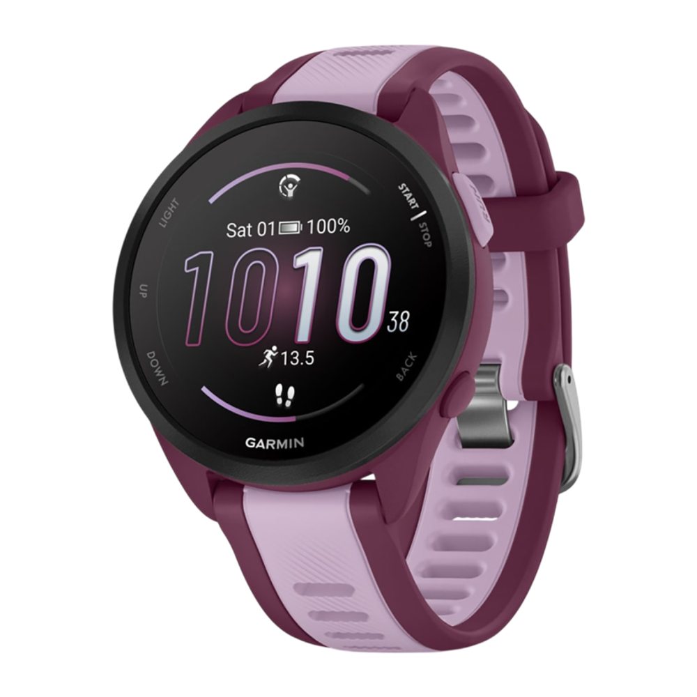 Спортивные часы Garmin Forerunner 165 Music, силиконовый ремешок цвета «ягодный»/лиловый AMOLED-дисплей. Ремешок с классической застёжкой — на запястье обхватом 126–203 мм