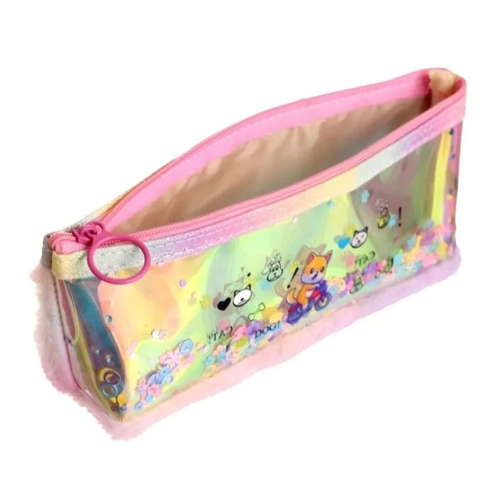 Пенал - косметичка Alingar, мех/голографика, молния, 90х200мм, "Щенки", ассорти (собачки)