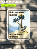Табличка для бассейна "Всё, что вам нужно, это любовь и пляж", на пляж, для общественной и частной зоны отдыха, информационная, 40х30 см, Silver Plane x Айдентика Технолоджи