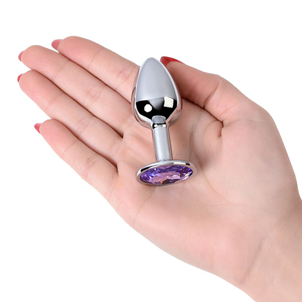 Маленькая коническая серебристая анальная пробка 7см с фиолетовым кристаллом ToyFa Metal 717001-4