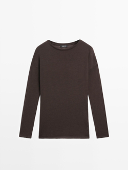 Massimo Dutti Топ из смесовой шерсти с рукавами «летучая мышь», коричневый