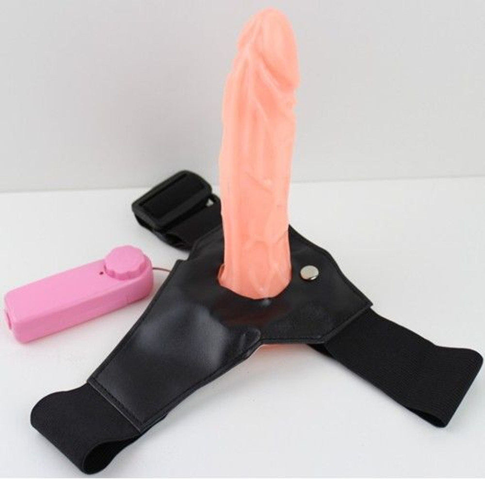 Страпон с вибрацией и мини-вагиной на внутренней стороне - 16 см. (Цвет: телесный с черным)