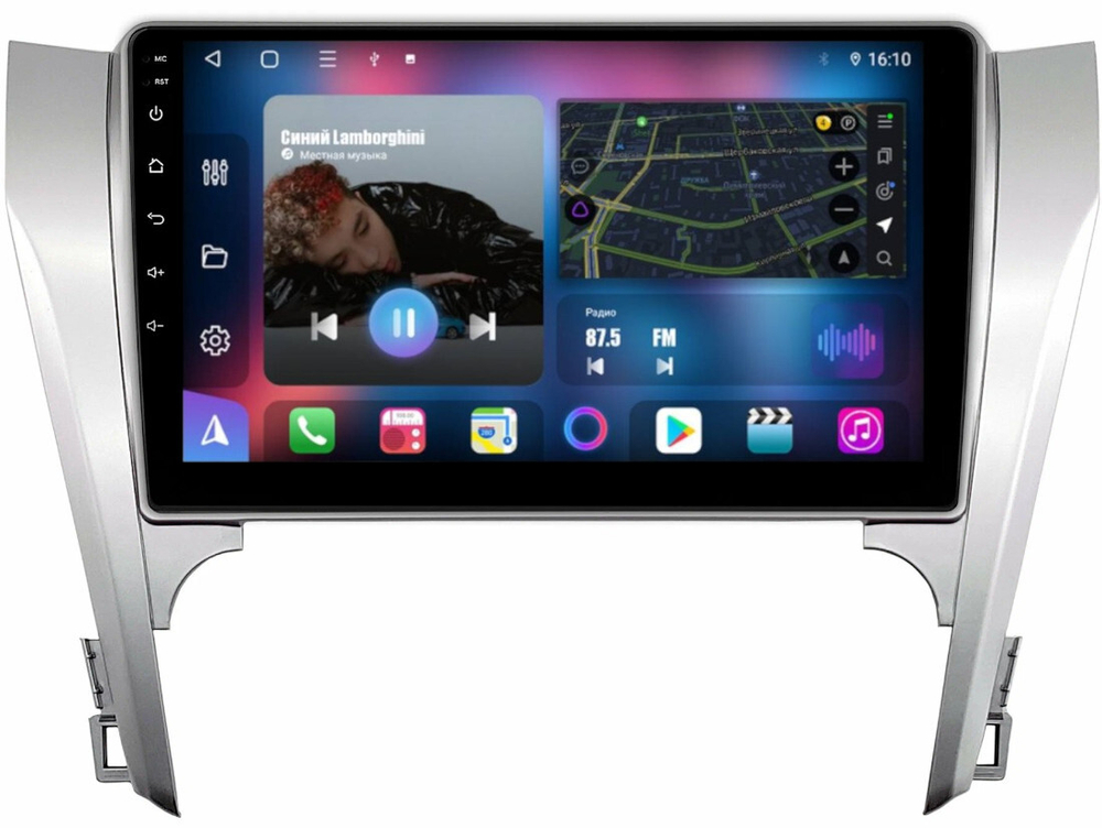 Магнитола Toyota Camry 50 2011-2014 (рамка серебро) - FarCar 131M монитор 10" QLED на Android 13, 8 ядер (TS18), CarPlay, 4G SIM-слот