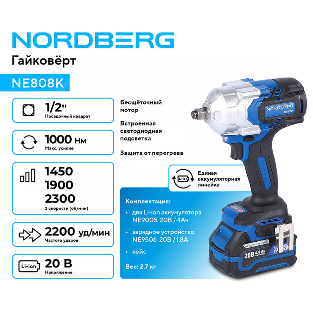 NORDBERG (NE808K) Гайковерт аккумуляторный, 1/2", 20В, 1000Нм, 2 аккумулятора 4A и зарядное устройство, в кейсе