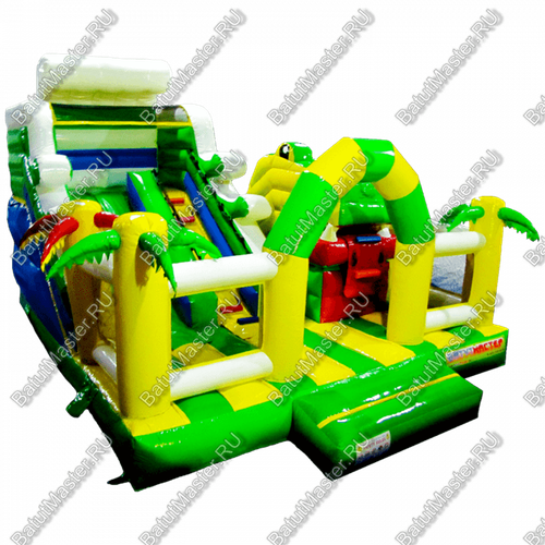 Коммерческий батут "Белый клык" желто-зелёный с механизированной головой, размер 6*5*4 м